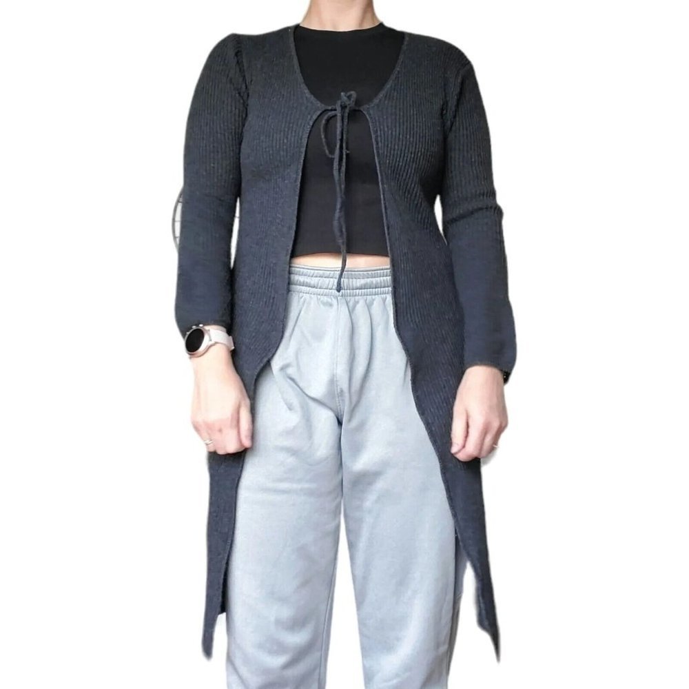 90s Y2K Dark Gray Ribbed‎ Open Cardigan Long Duster Boho Whimsigoth Small